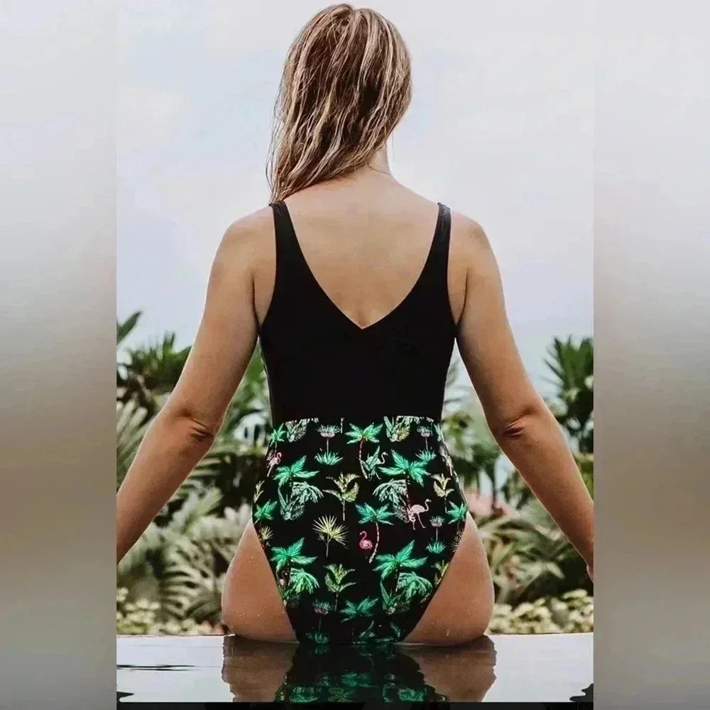 Cupshe Black Tropical Palm One-Piece Swimsuit